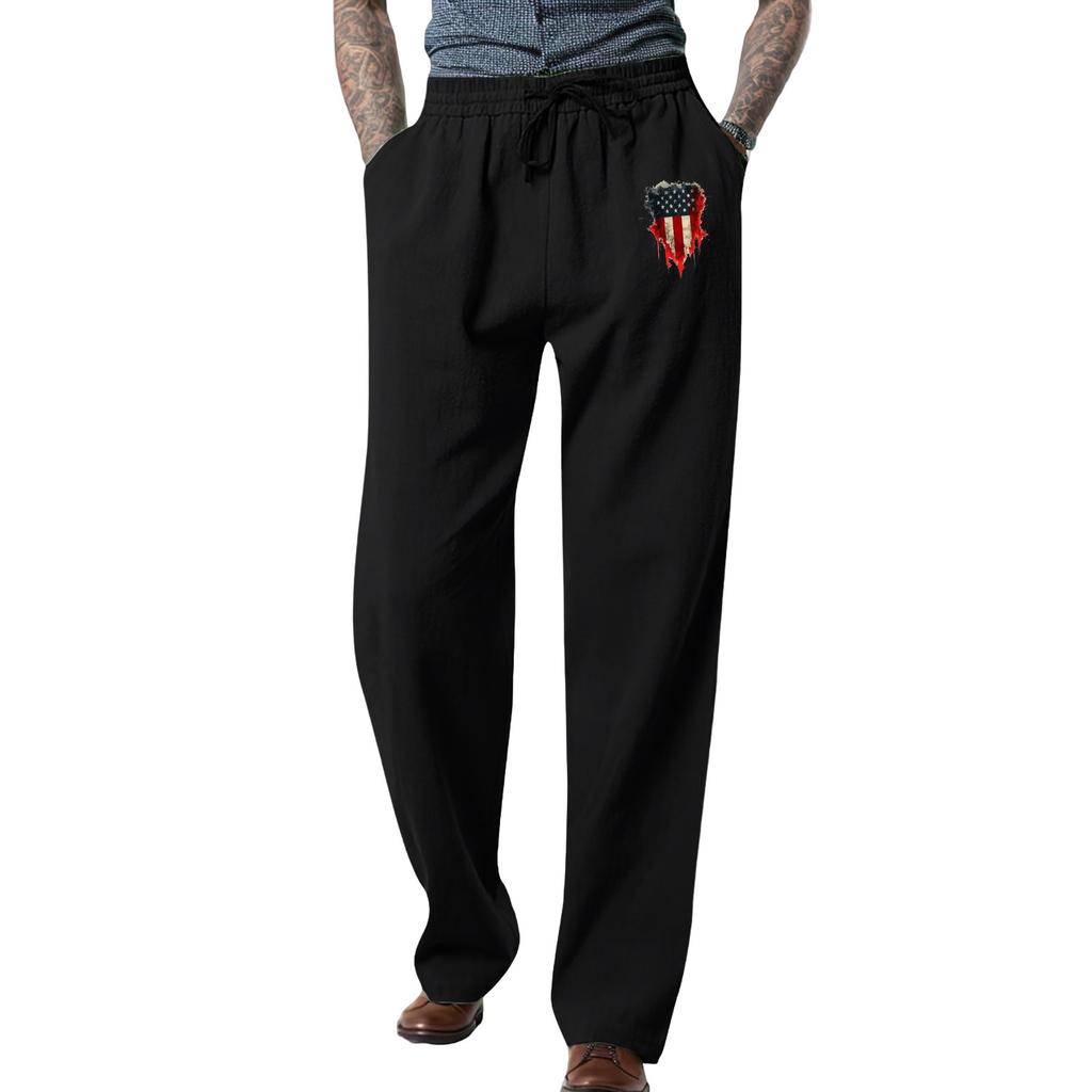 Men's Loose Casual Color Cotton Linen Trousers Elastic Tie Printed Straight Pants