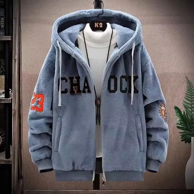 Осенне-зимняя модная бархатная утолщенная теплая вышитая толстовка мужская свободная на молнии куртка с капюшоном для пары повседневный стиль M синий