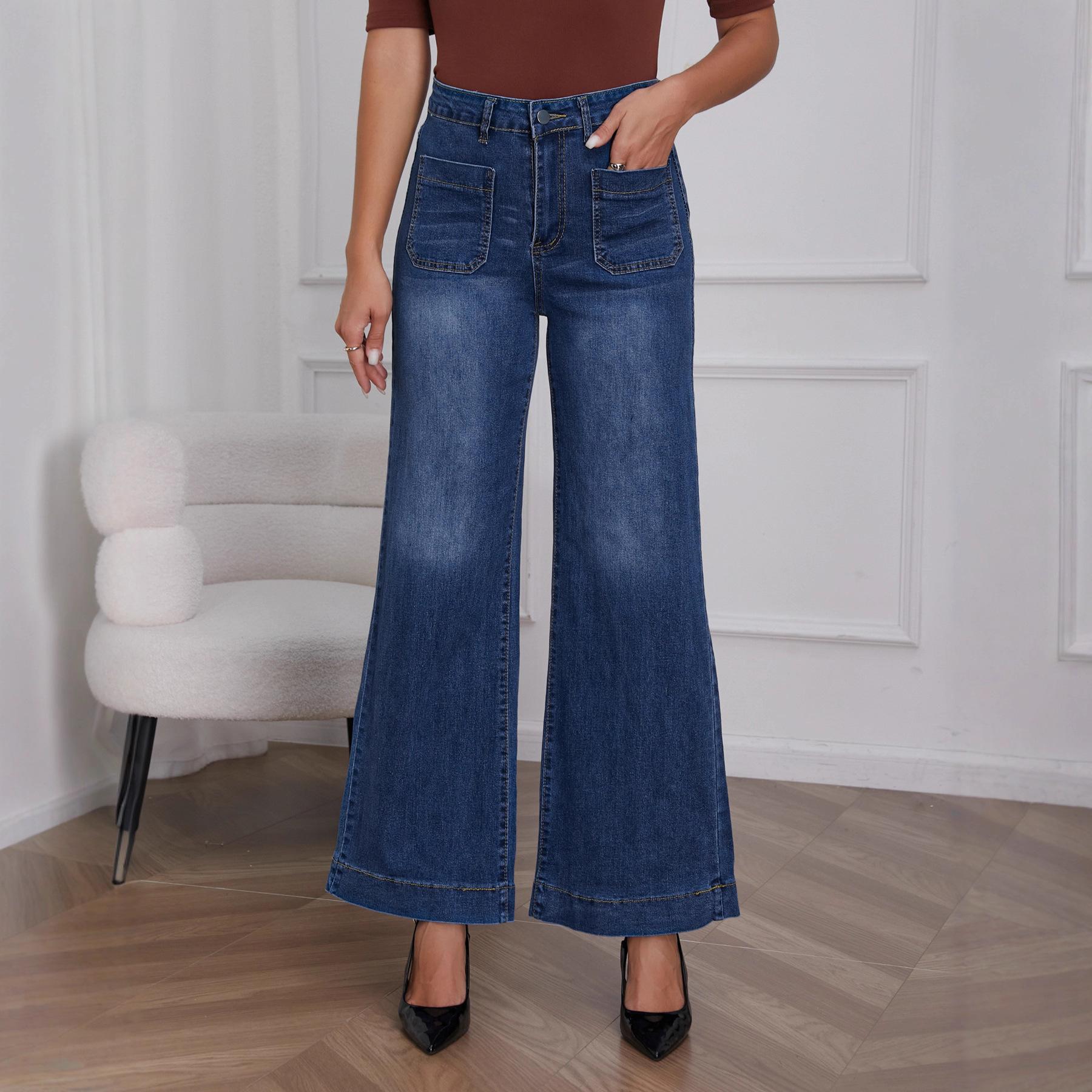 

Women s Dark Blue Mid-Rise Wide Leg Jeans Fashion Stretch Jeans Fabric Comfortable Soft Classic Style Button Fly Jeans Women M темно-синього кольору