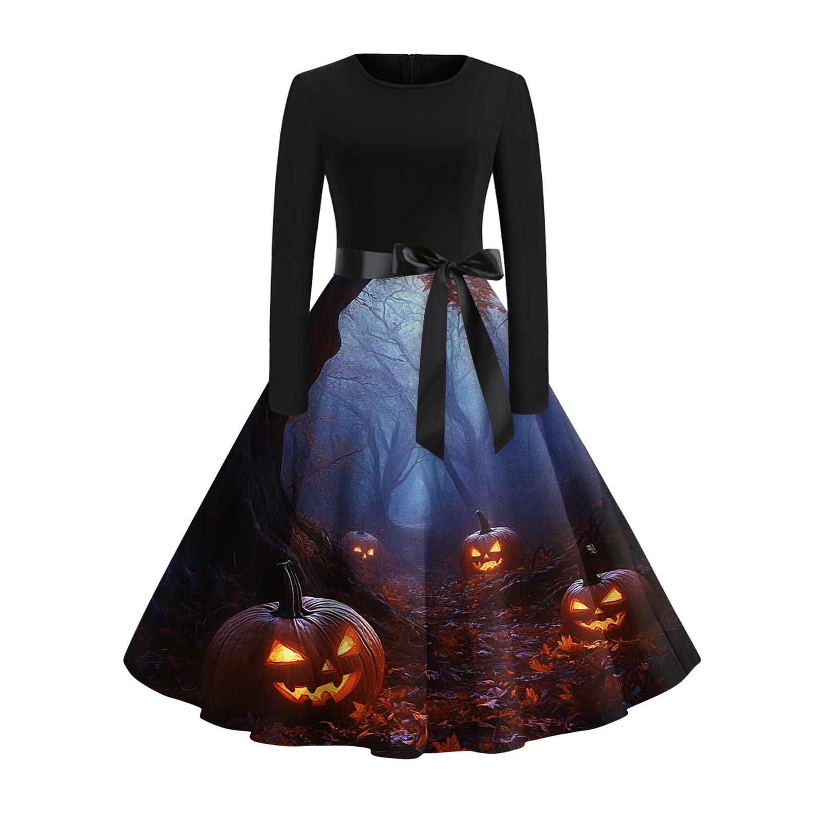 

Women s Fashion Casual Round Neck Halloween Print Long Sleeve Dress XL