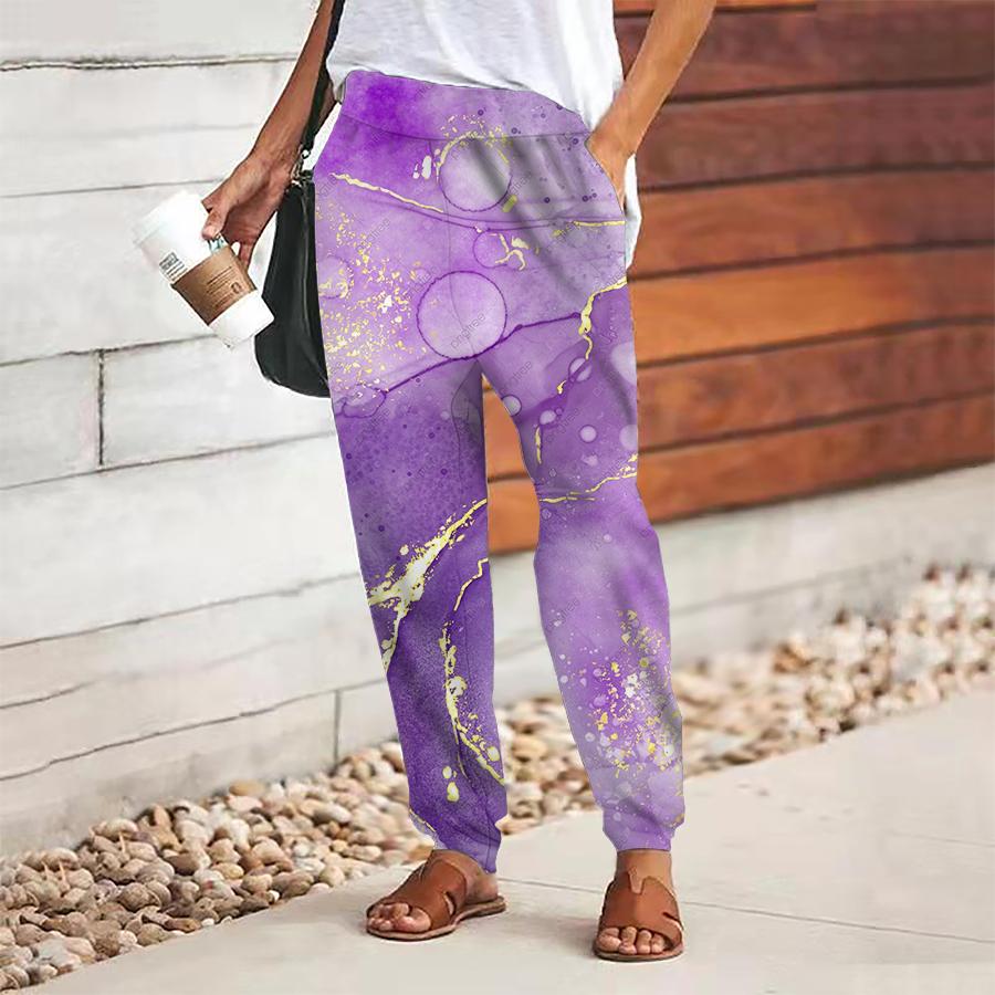 Women Marbling Printing Pants Lace Up Elastic Waist Loose  Trousers Casual Long Pants Trousers with Pockets