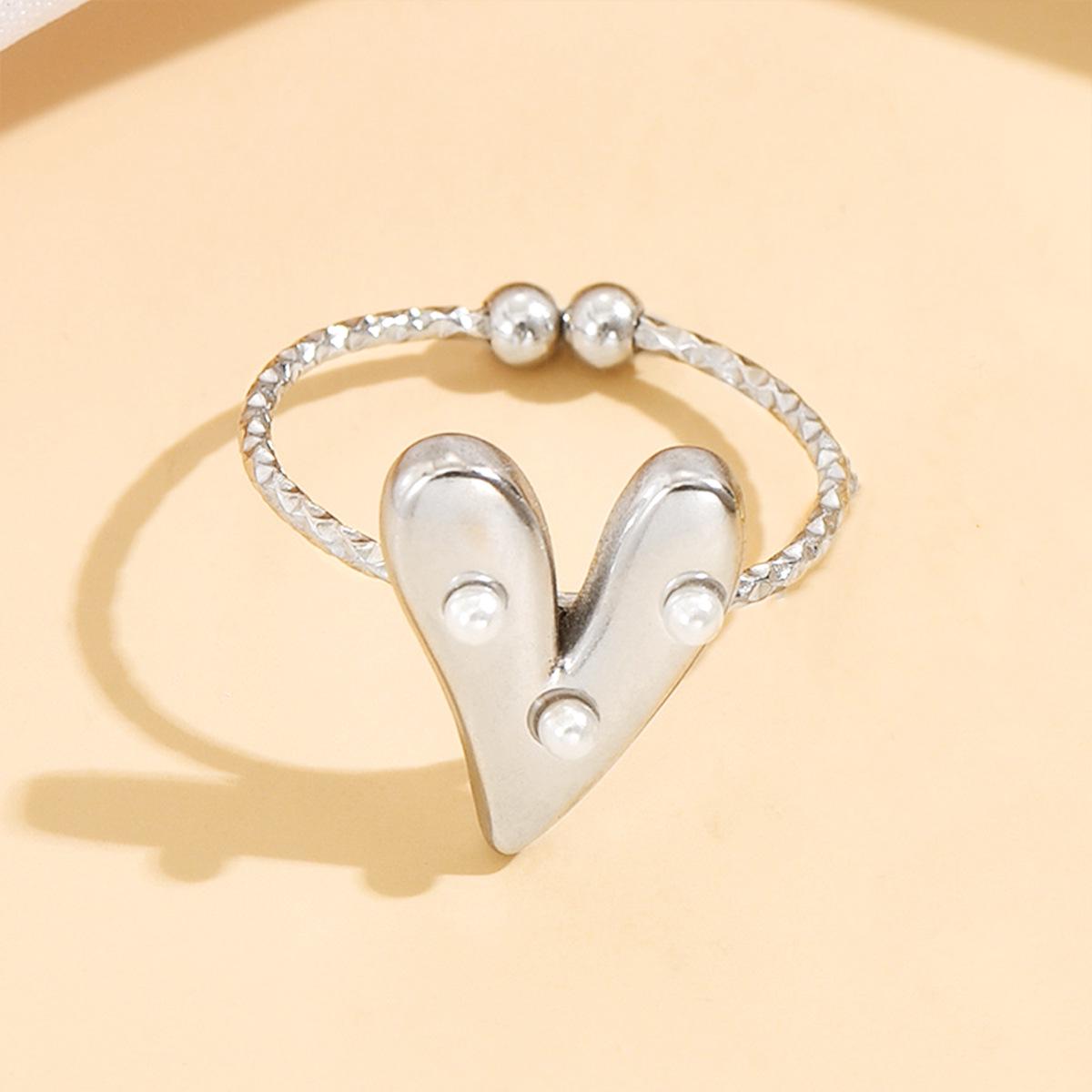 Personalized Stainless Steel Pearl Heart Ring - Chic, Cute, Sweet Style with Irregular Heart Shape