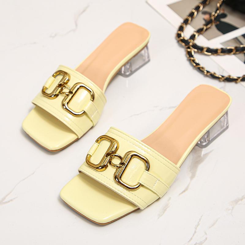 Aphixta 2025 Summer 4cmTransparent Square Heels Women Sandals Slides Pearl Butterfly-knot Open Toe Flip Flops Mujer Big Size 45