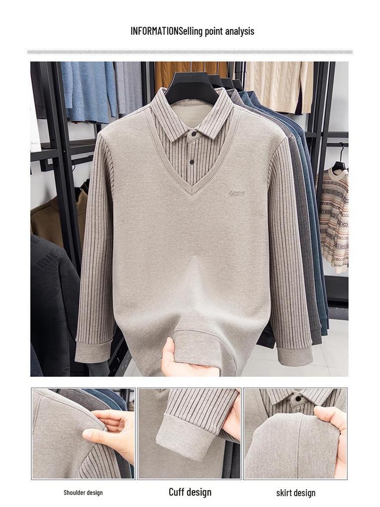 Herren Winter Umlegekragen Wollpullover mit Maulbeerseide & Samtfutter - Warmer Strick Zweiteiler-Look