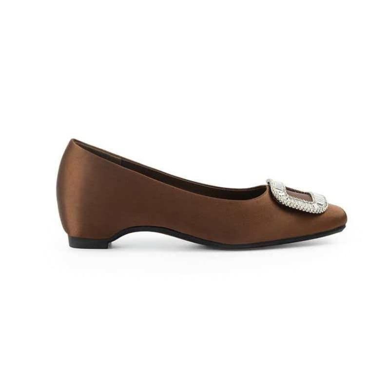 Damen-Single-Schuhe mit niedrigem Absatz und eckiger Spitze mit Strassstein-Schnalle Seiden-Satin-Slip-Ons Flache Sohle Vielseitig Und Stilvoll