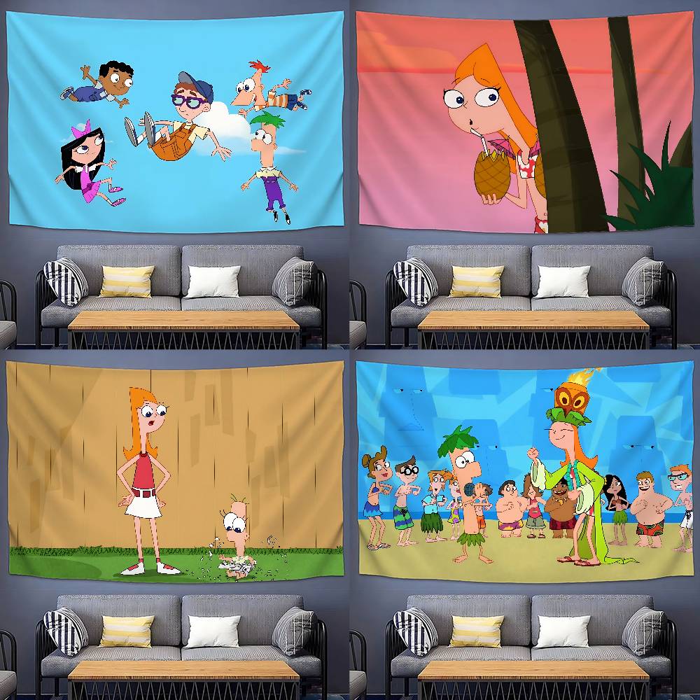 PPhineas And FFerb Cartoon Tapestry Wall Hanging Tapestry Art Deco Blanket Curtain Hanging At Home Bedroom Living Room Decor