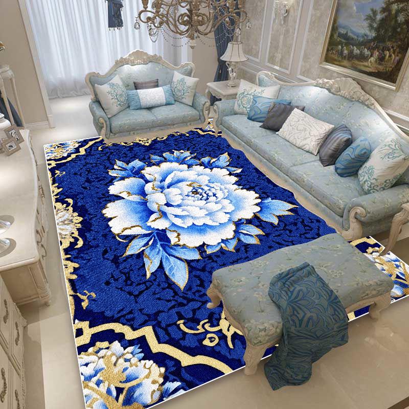 Blue Floral European Style Rugs Living Room Decoration Large Area Carpet Sofa Area Bedroom Cloakroom Non-slip Washable Floor Mat