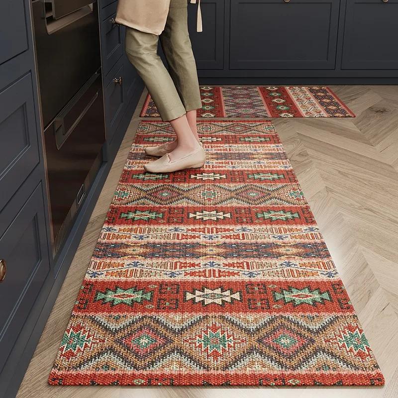 Kitchen Carpet Waterproof Non-slip Floor Mat Pvc Leather Oil-proof Foot Mats Long Rug American Retro Bohemian Style Carpets