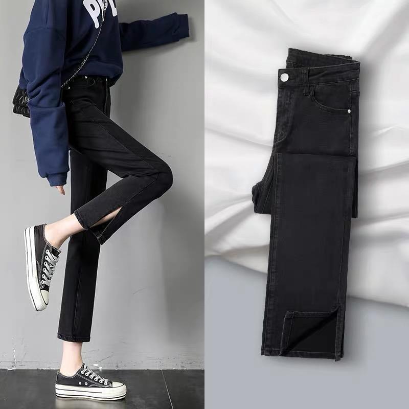 Split Straight Leg Autumn Jeans for Women Loose High Waisted Cropped Pants