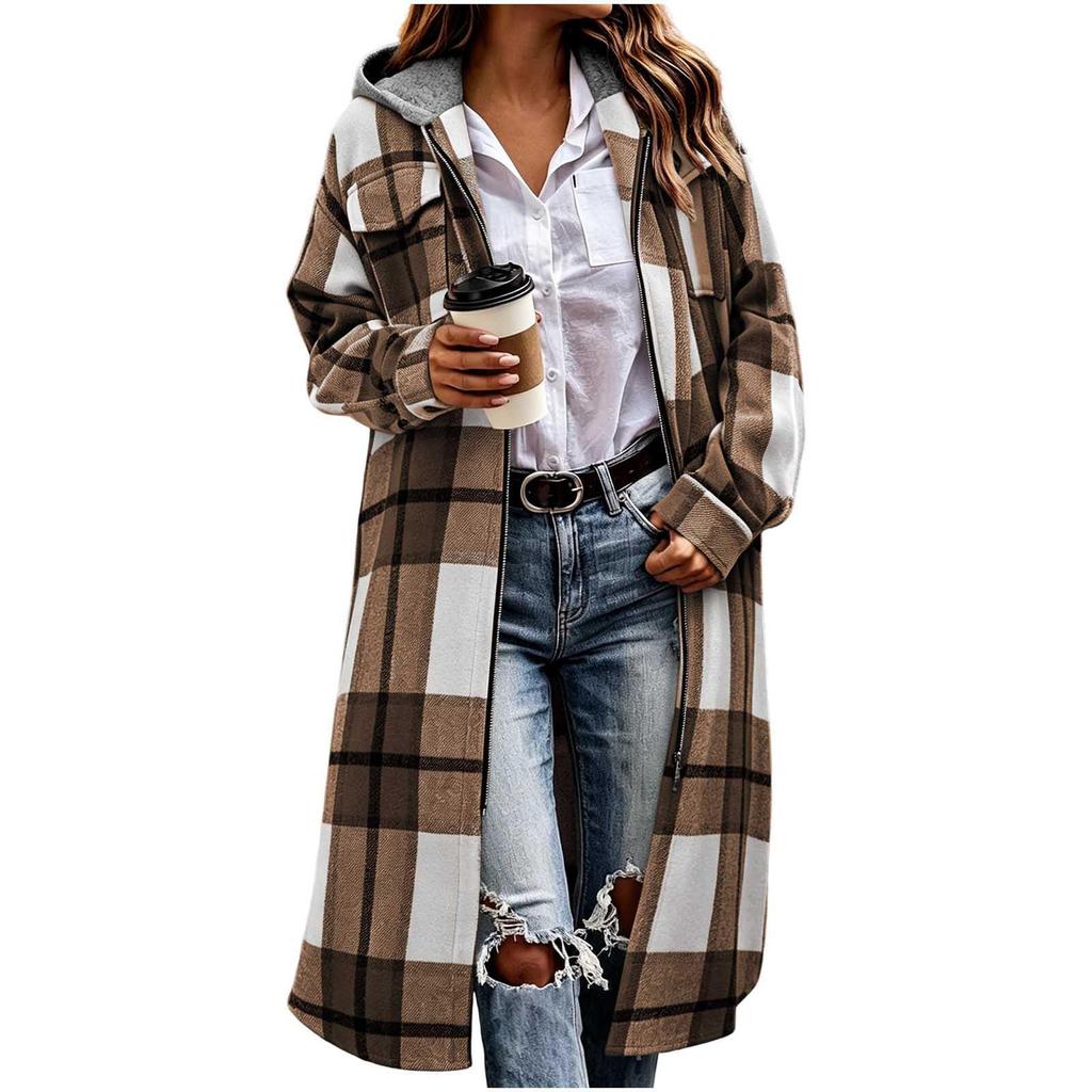 Women's Casual Loose Fit Plaid Zip-Up Hooded Jacket Long Sleeve Outerwear for Fall and Winter