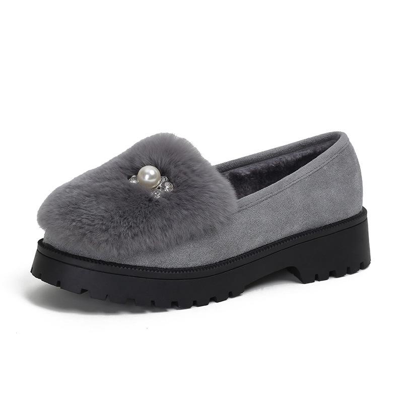 T552025 Mao Mao Schuhe Damen tragen Samtbohnenschuhe im Winter, Echtkaninchenfell Ein-Pedal Baumwollschuhe Damen