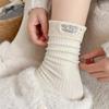 Grey College-style Striped Fabric Label Women's Mid-calf Socks Autumn and Winter Cotton Socks Trendy and Individualistic Long Calf Socks