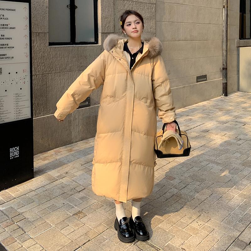Chinesischer Knoten, neuer Stil, Wollkragen, Daunen-Baumwollmantel für Damen im Winter, mittellanger und langer, lockerer, kniehoher Baumwollmantel
