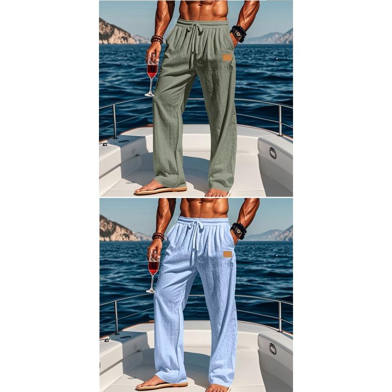 Men Thin Linen Cotton Straight Casual Long Trousers For Daily Beach Wear