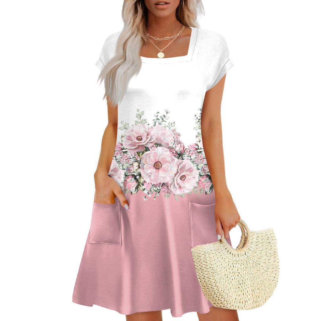 Summer Dresses For Women Loose Square Neck Cap Sleeve Casual Beach Vacation Tshirt Dress Sundresses With Pockets
