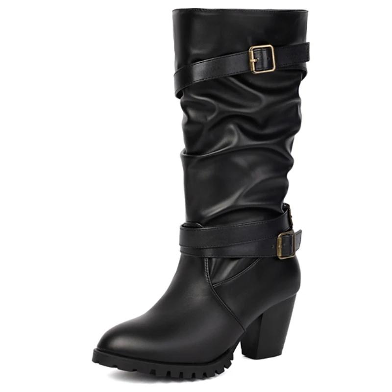 

Pleated Mid-calf Boots Women Fashion Winter Buckle Western PU Unisex Riding Boots Comfortable Low Heels Footwear Big Size for daily use 42