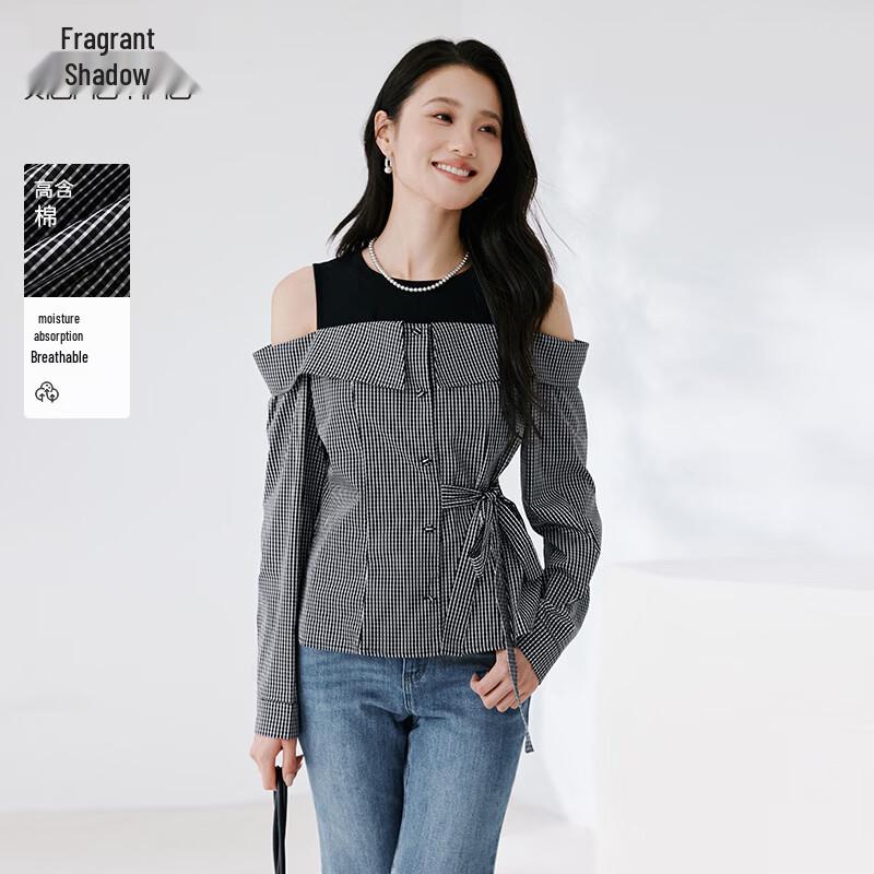 Xiangying Women s Plaid Spliced Long-Sleeve Blouse L