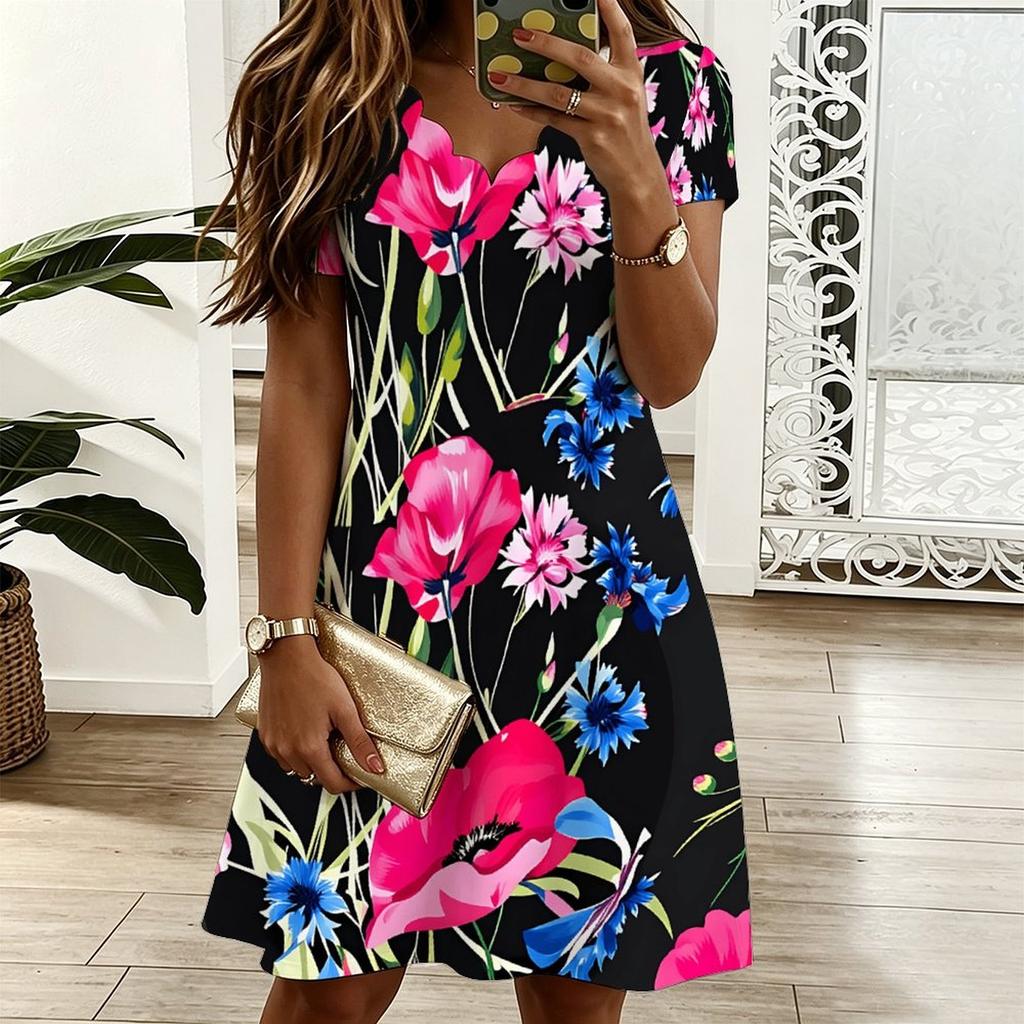 Women V Neck Vivid Blossom Printed Plus Size Summer Short Sleeve Loose Dress