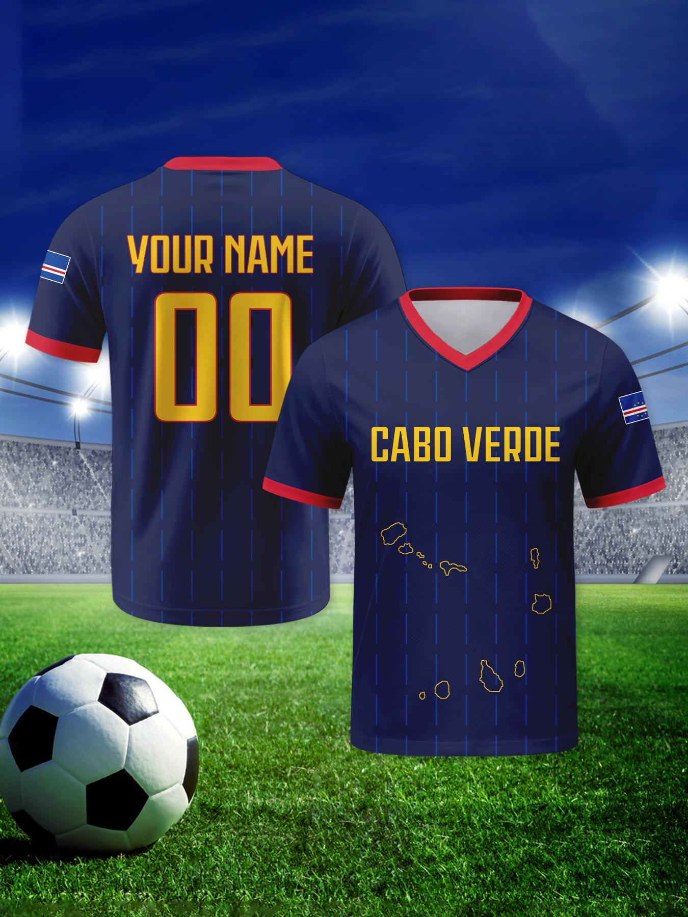 Hengyuan42 Op maat Gemaakt Kaapverdi&euml; Voetbalshirt Gepersonaliseerde Naam Nummer Ademend V-hals Voetbal Nationaal Team Shirt voor Mannen Jeugd Vrouwen 5XL