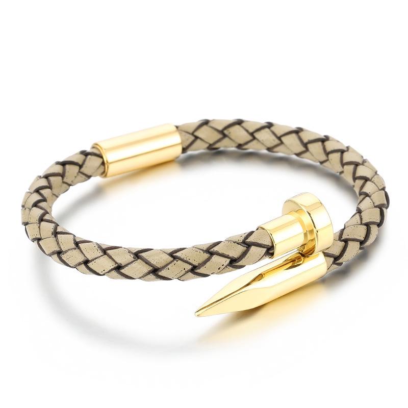 Men's Leather Magnetic Clasp Bracelet with Stainless Steel Nails