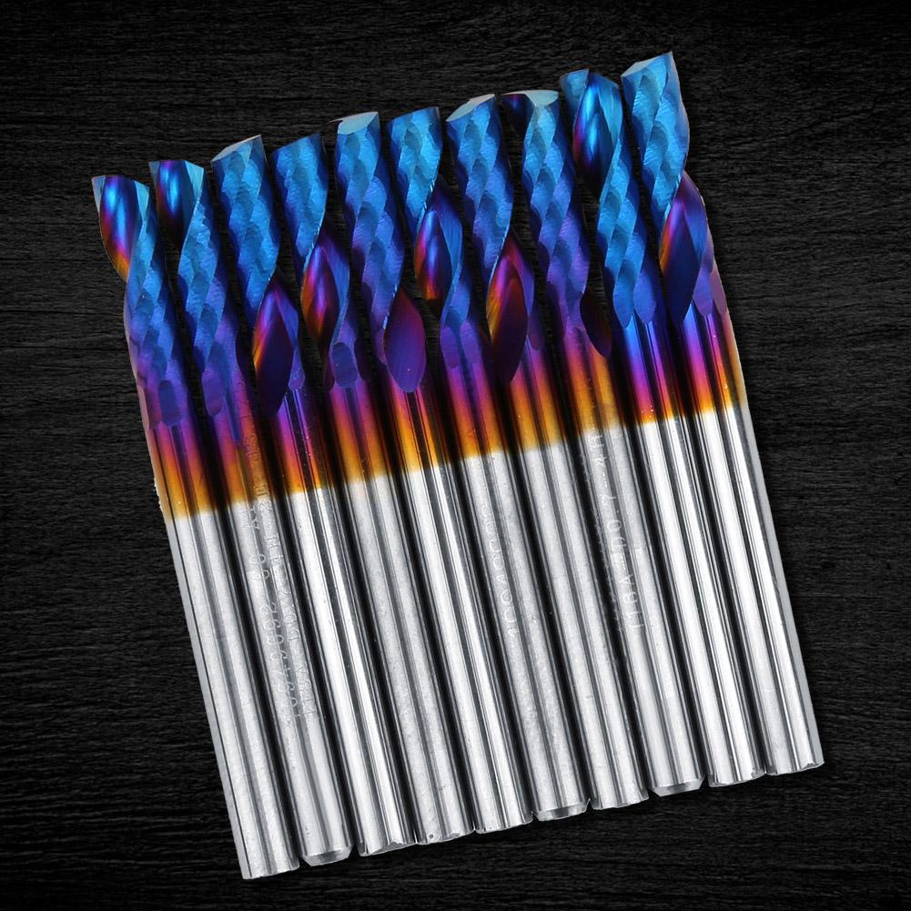 

10 шт. Фрезы 3,175 мм с синим нанопокрытием, хвостовик, однолезвийные спиральные гравировальные инструменты, карбид