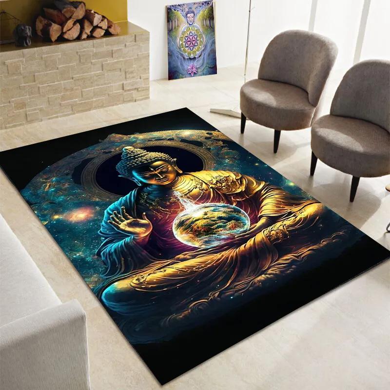 Buddha Teppich, Buddhismus Bereichsteppiche für Schlafzimmer Wohnzimmer Eingangsbereich, Buddha Statue Muster Meditation Bodenmatte Rutschfester Yoga Teppich
