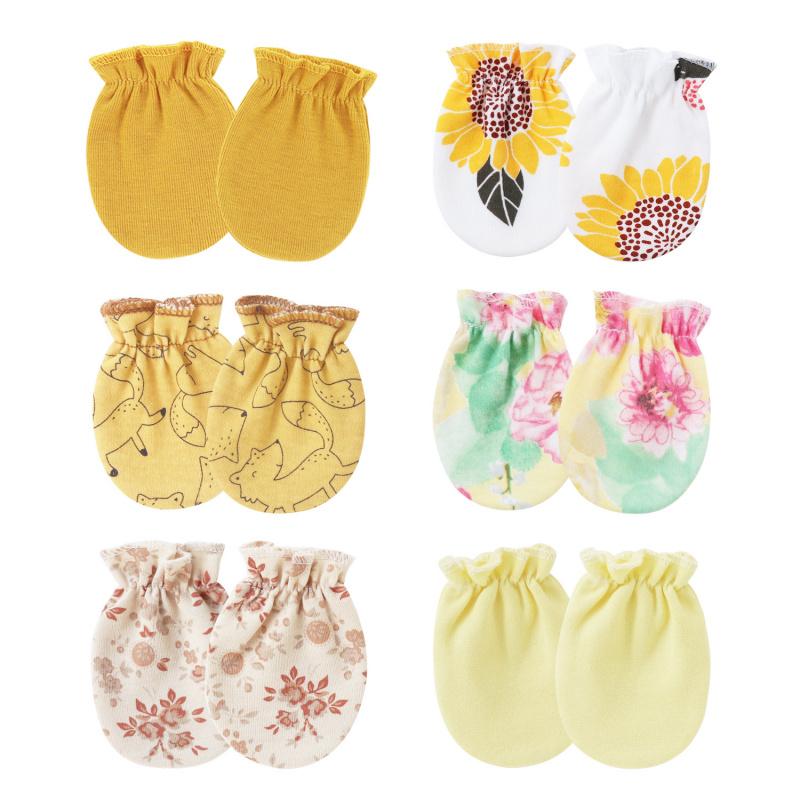 6PCS Baby Cotton Anti Scratch Mittens Newborn Elastic Cuff Hand Covers For 0-6 Months Infant Face Protection Daily Wear Assorted Styles
