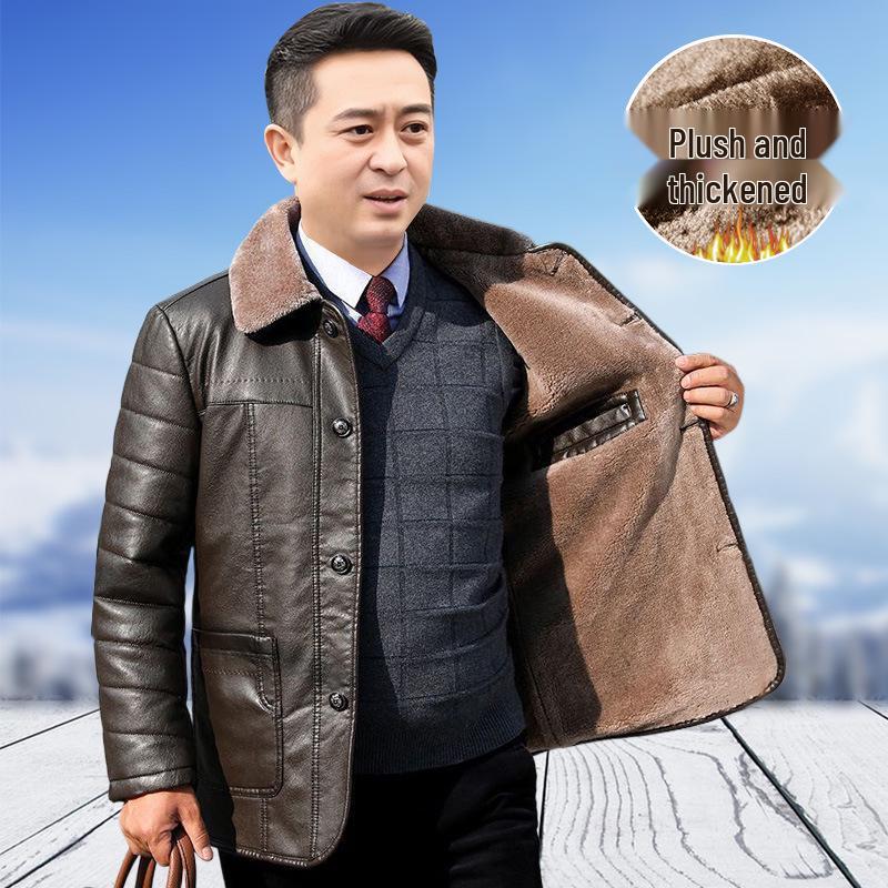 50-Year-Old Dad's Plus Velvet Thickened Leather Jacket for Middle-Aged & Elderly Men - Winter Cotton Padded Grandpa Jacket