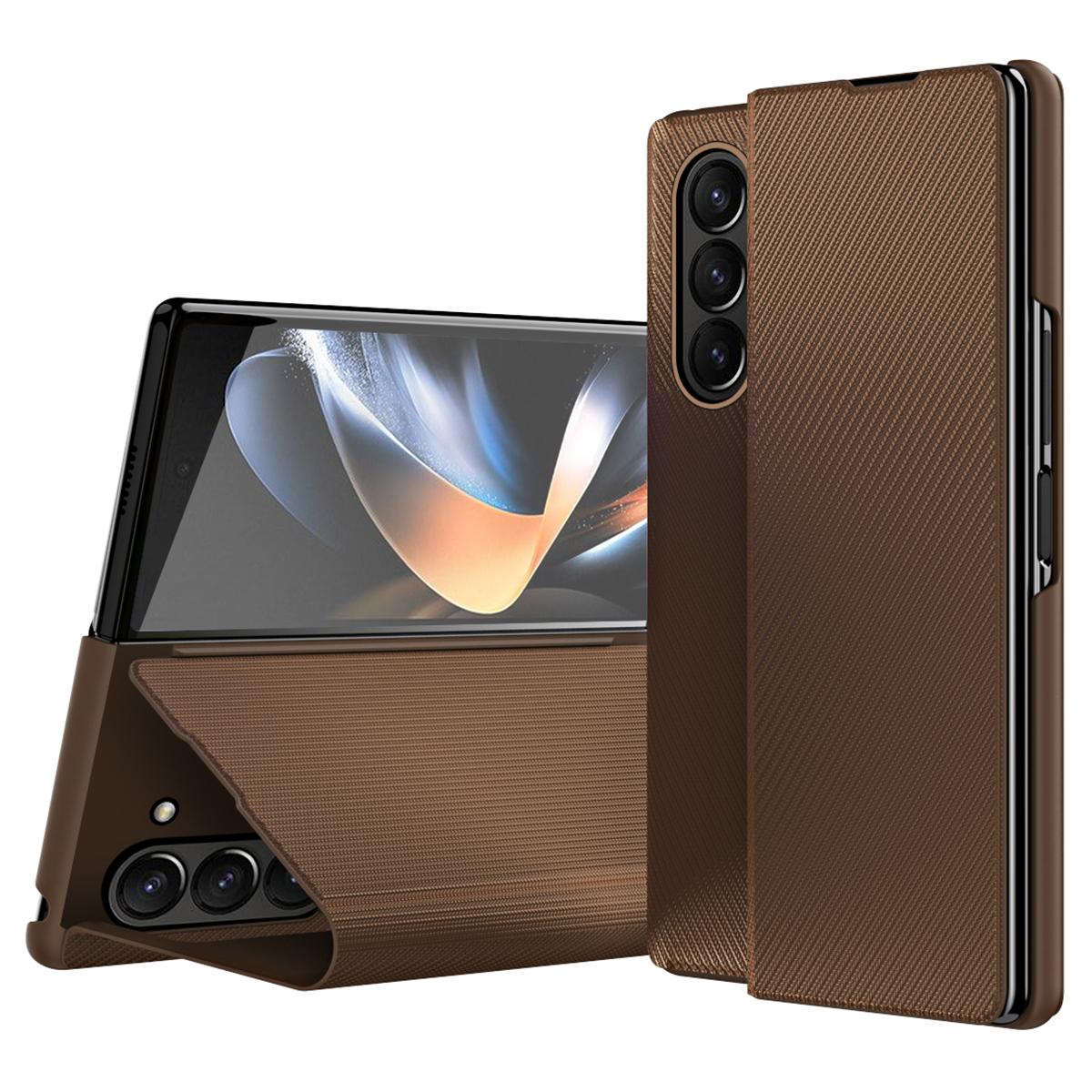 

For Samsung Galaxy Z Fold6 5G Case Kevlar Texture Leather+PC Stand Phone Cover Brown