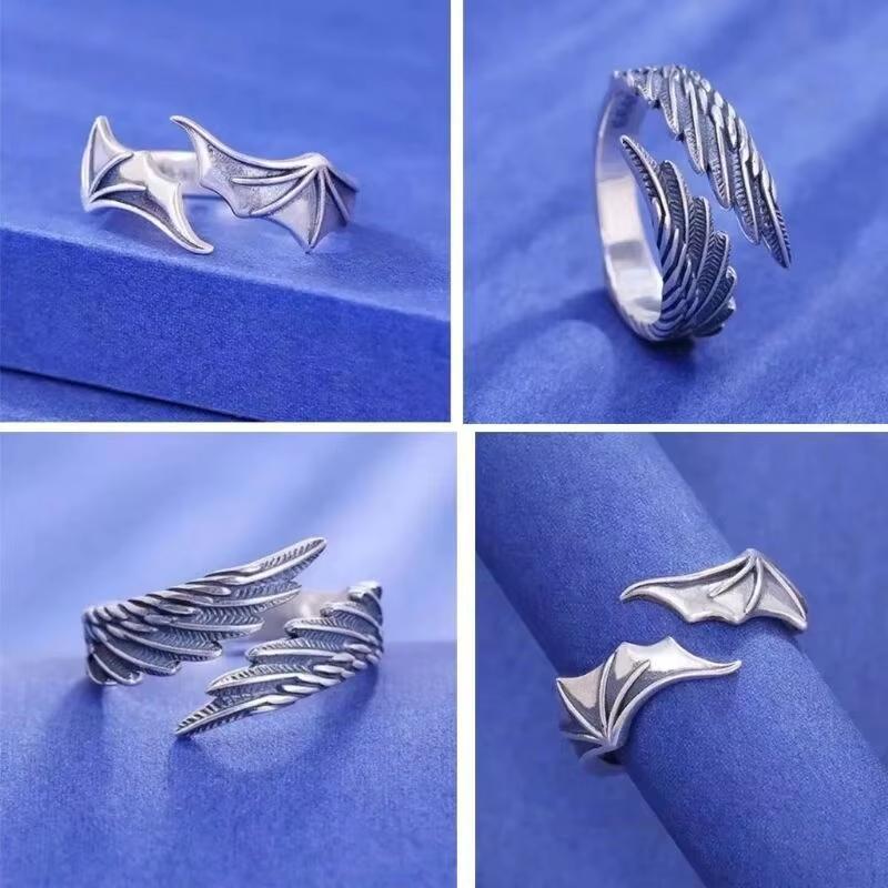 FTCY 2 Pcs Vintage Angel Devil Wings Adjustable Rings for Men Women Hip Hop Retro Silver Color Couples Rings Party Gifts Jewelry
