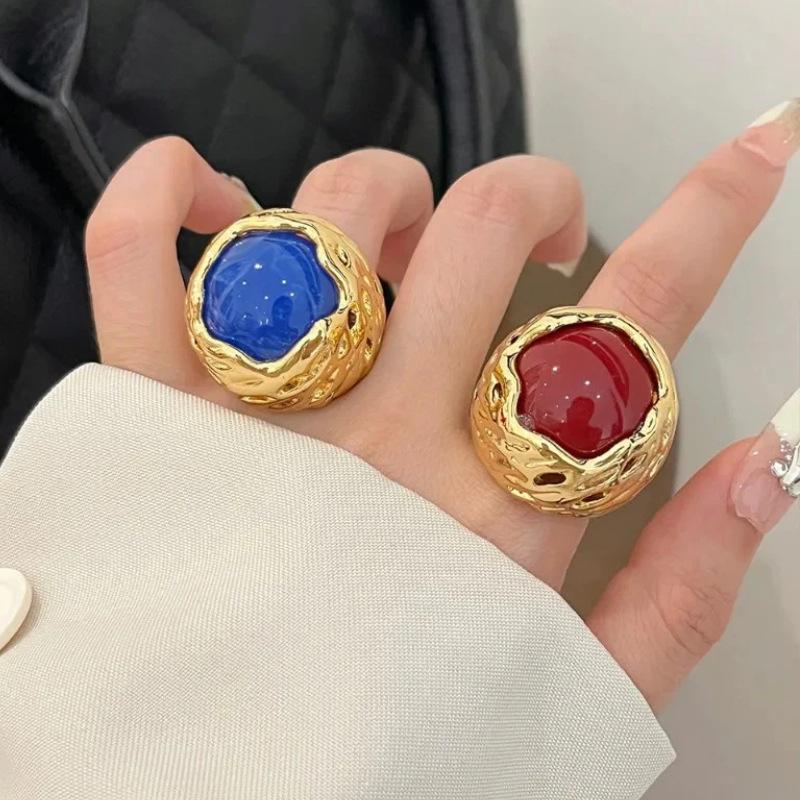 Huajie Geometric Embedded Colored Resin Opening Rings for Women Light Luxury Elegant Banquet New Ring  Trend