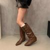 Cosy Soft Leather Women Knight Long Boots Fashion Button Combination Splicing Female Western Cowboy Booties