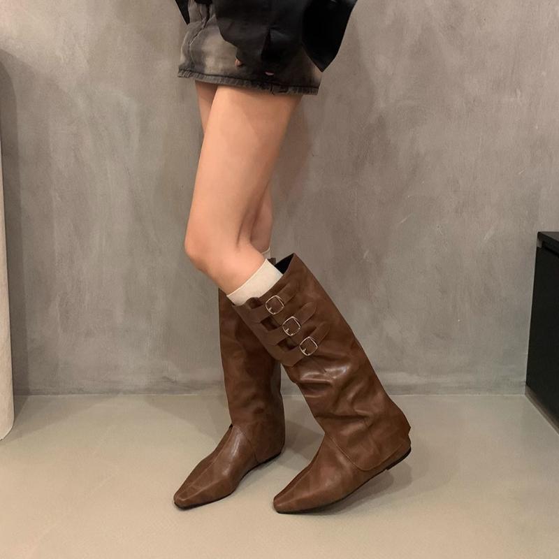Cosy Soft Leather Women Knight Long Boots Fashion Button Combination Splicing Female Western Cowboy Booties