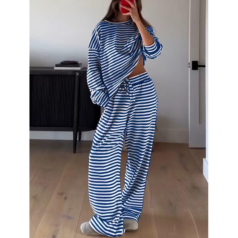 2025 Women's European & American Striped Long Sleeve Top & High Waist Trousers Fashion Set