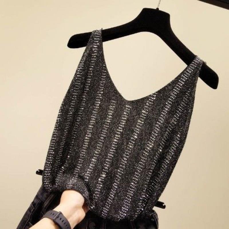 Women's Ice Silk Diamond Camisole Tank Tops Women's Vest Loose Short Sleeveless V-neck Bottoming Shirt
