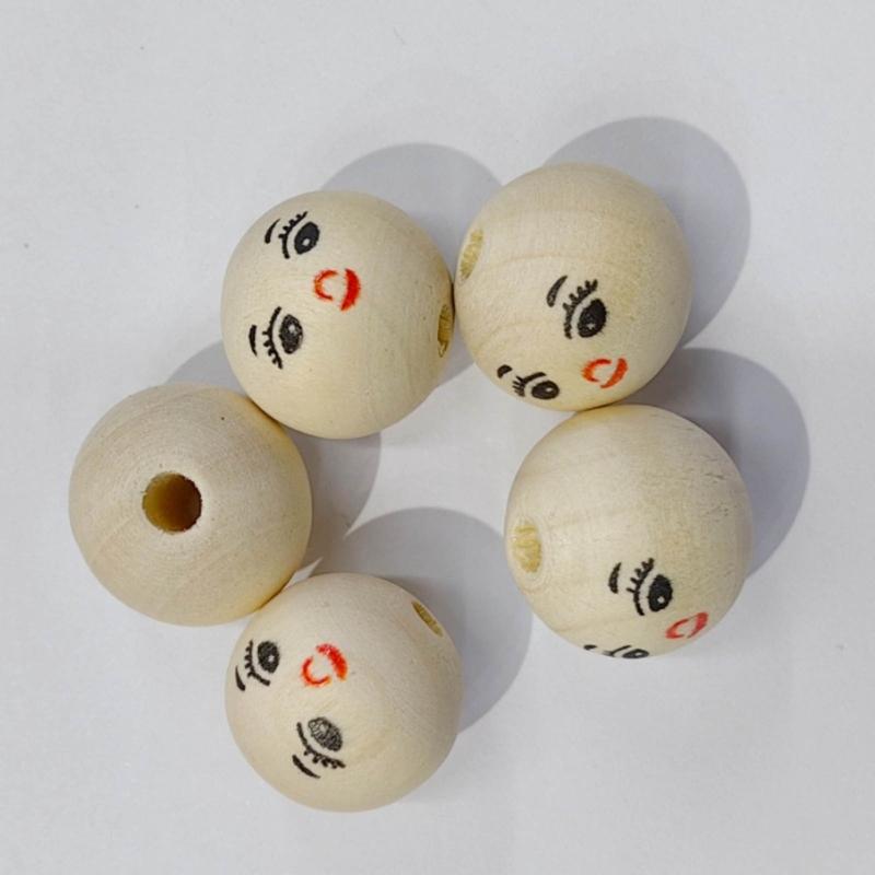100pcs Wood Balls with Hole 20mm Smiling Face Head Ball Natural Wood Craft Bead for DIY Jewelry Making Macrames Handmade