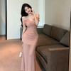 Soft foot bath *** SPA long dress sexy low chest suspender dress mesh pleated medium and long hip skirt