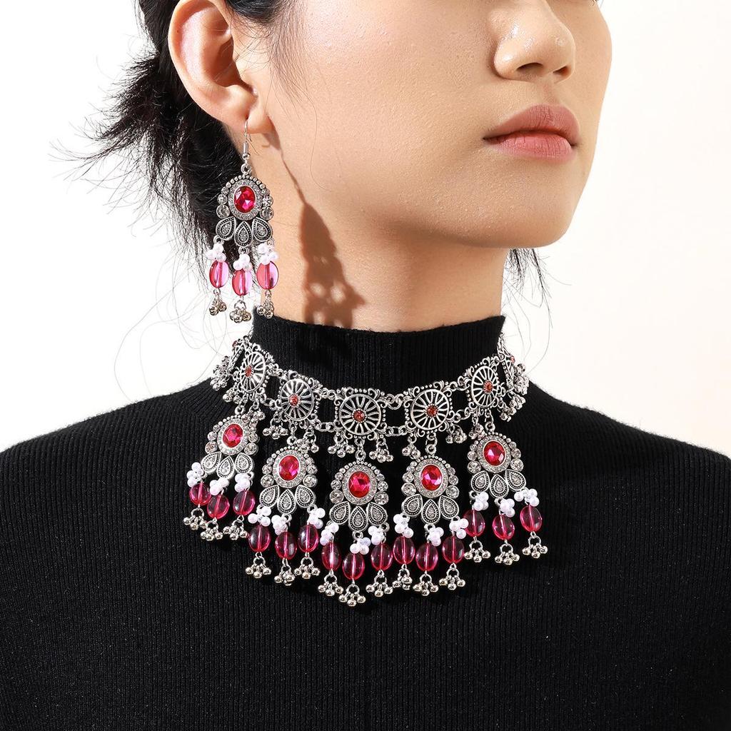 Retro Exotic Style Necklace and Earrings Jewelry Set with Multiple Oval Bead Strands