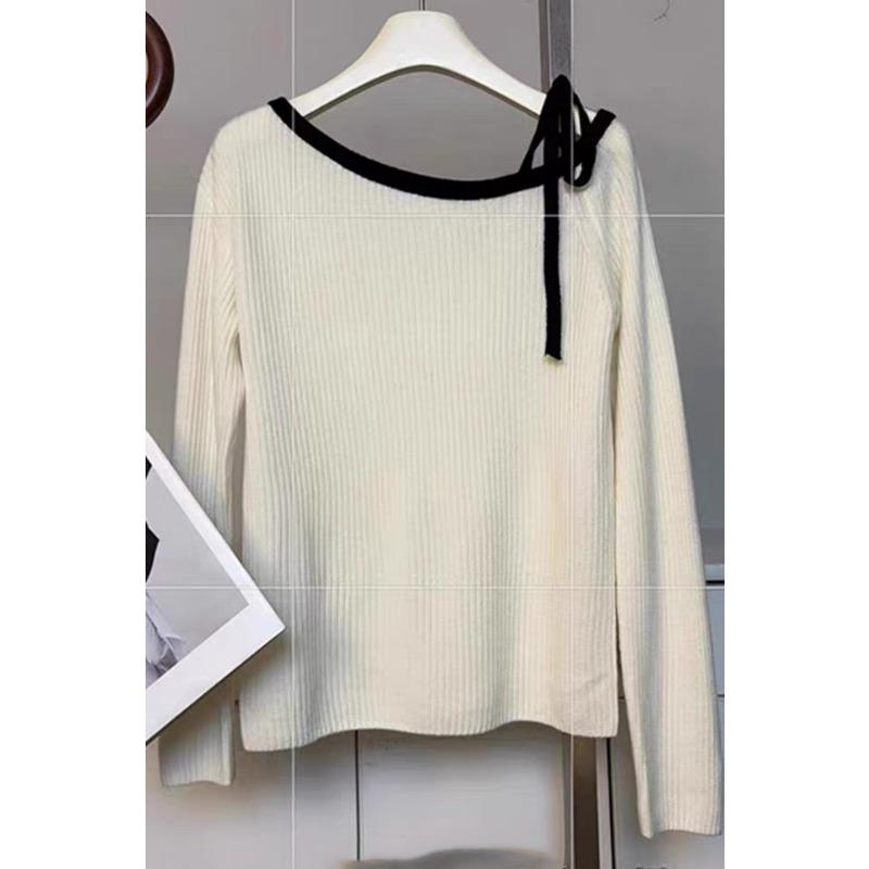 Elegant Fashion Off-shoulder Lace-up Pullover Women Sweater 2025 Autumn Loose Long Sleeve Casual Knitted Top Korean Style Clothing