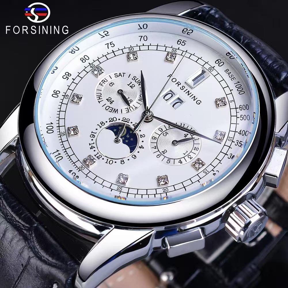 

Трехстрелочные шестистрелочные механические часы с календарем и шкалой в форме кристалла, круглые, с черным ремешком, наручные часы, мужские механические часы серебряный/белый