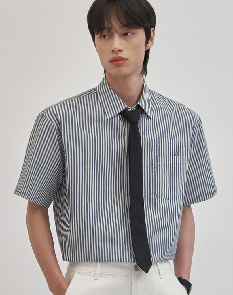 WORK ON BODY OFF Linea Semi-Overfit Striped Short Sleeve Shirt [Blue]
