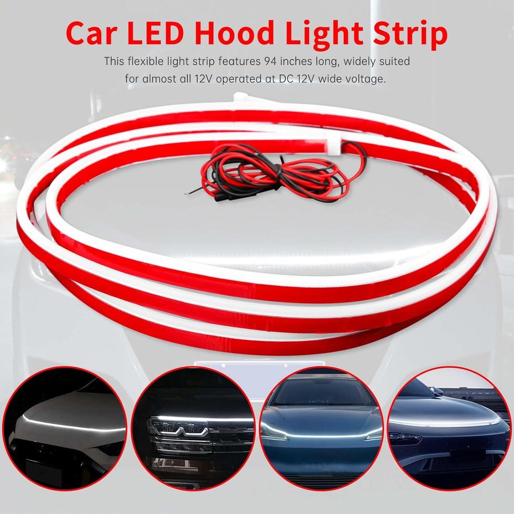 94.5 Inch Car Hood Light Strip, White Exterior Dynamic Car LED Hood Light, Flexible & Waterproof, Universal Exterior Daytime Running Light Strip With