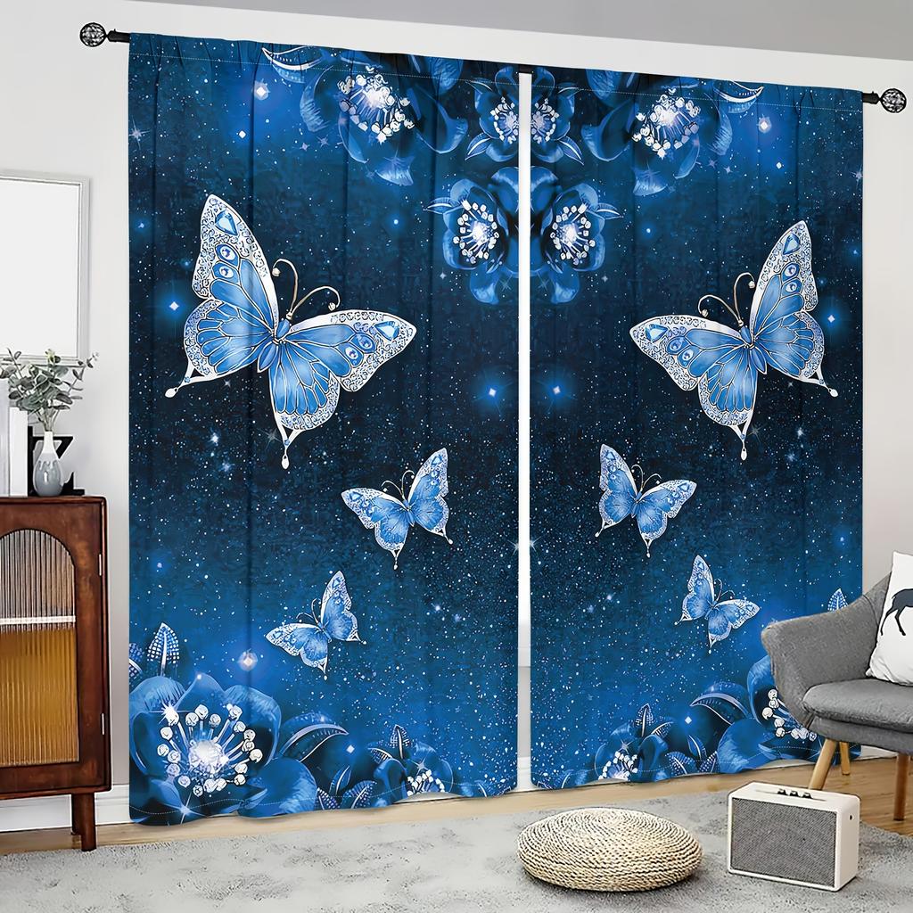 2 Stück Lila Und Blau Kristall Schmetterling Blumen Bedruckt Vorhangstangentasche Montage Digital Gedruckte Vorhänge Für Wohnzimmer Kleidung