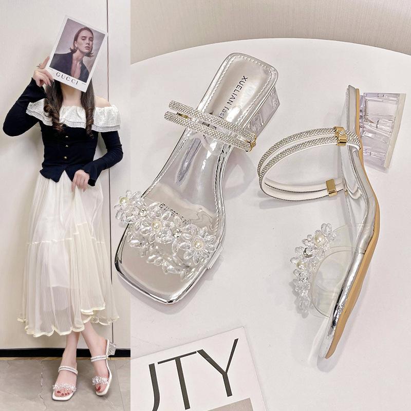 Fashion 2025 Women's Sandals Crystal Heel Chunky Summer New Two-Way Wear Diamond Outerwear Rubber Bottom Square Toe Polyurethane Lined