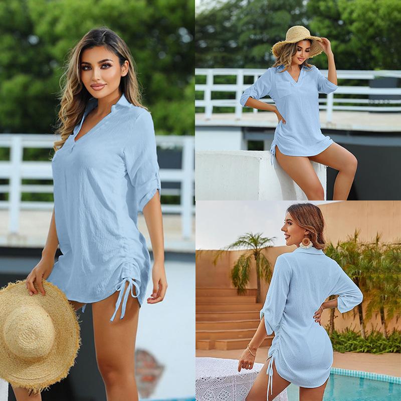 New drawstring shirt collar beach jacket head bikini swimsuit blouse vacation sunscreen shirt