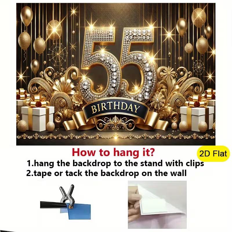 Sfondo 2D per 55° Compleanno, Elegante Banner Decorazione Murale per Festa Nero Oro Diamante