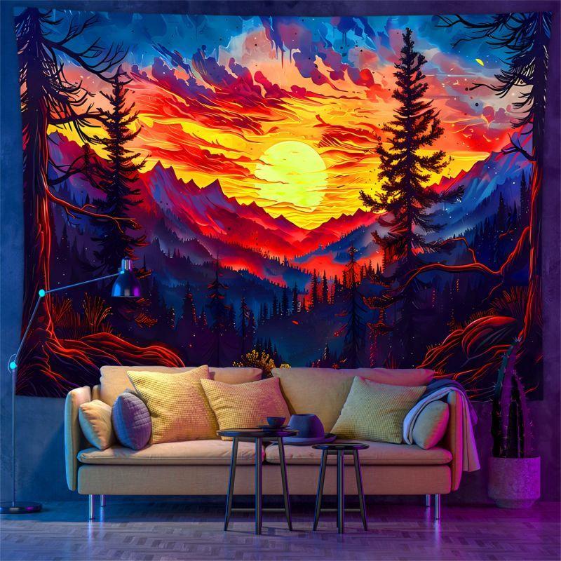 Sunset Mountain Tapestry Wall Hanging Orange Glow Pine Forest Valley Nature Landscape Aesthetic Wall Art Decor