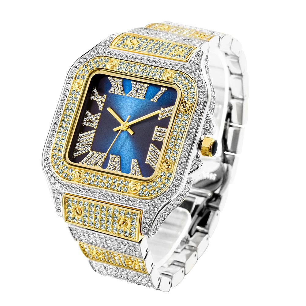 MISSFOX Luxury Diamond Watches for Men Hip Hop Style Bling Bling Iced Out Wristwatch Fashion Square Stainless Steel Waterproof Clock