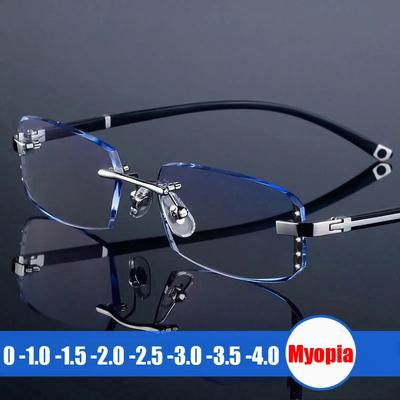 Irregular Rimless Myopia Glasses for Women Men Anti Blue Light Finished Near Sight Eyeglasses Retro Prescription Minus Eyewear