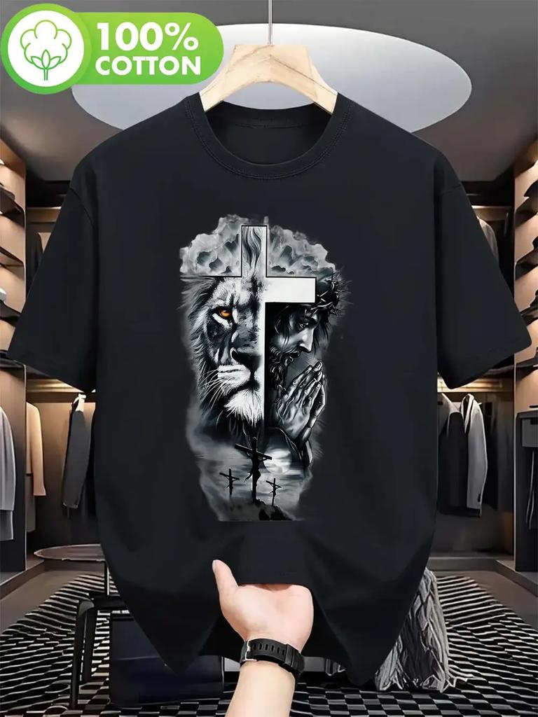 Plus Size Lion & Prayer Figure Graphic Print T-shirt - 100% Cotton Breathable Regular Fit Round Neck Casual Tee for Spring Summer Fall